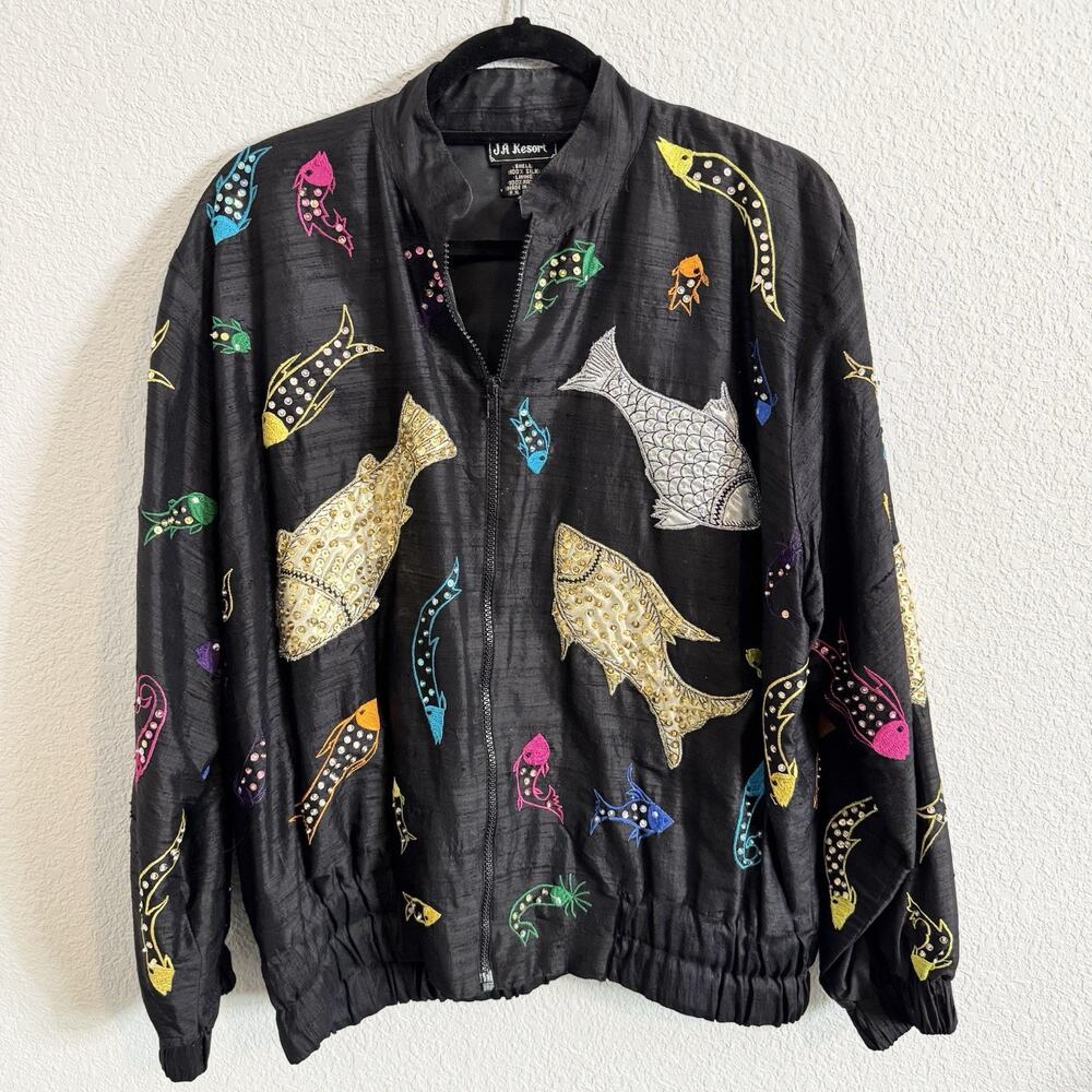 JA Resort Sea Life Jacket XS‎ Black 100% Silk Embroidered Beaded Art To Wear
